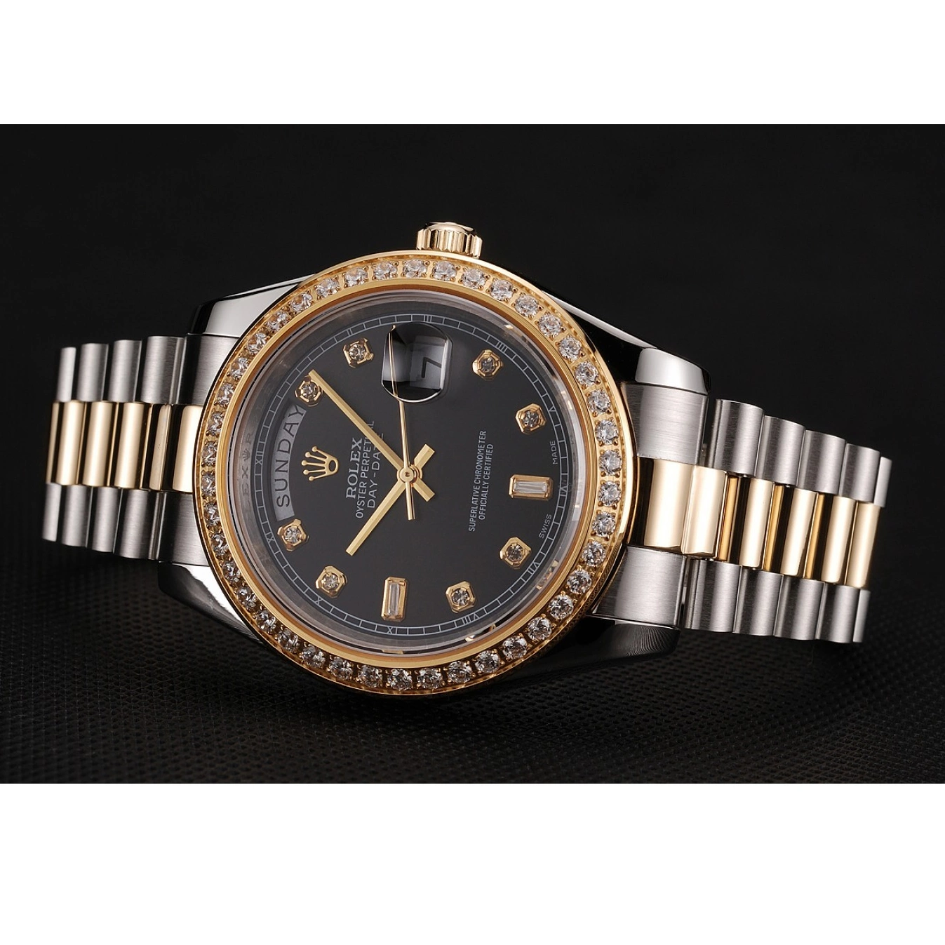 Good Copy Rolex Watches Gold Case Tone Two Stainless Swiss 1453976 Diamond Bracelet Black Dial Day-Date Steel Rolex 0628